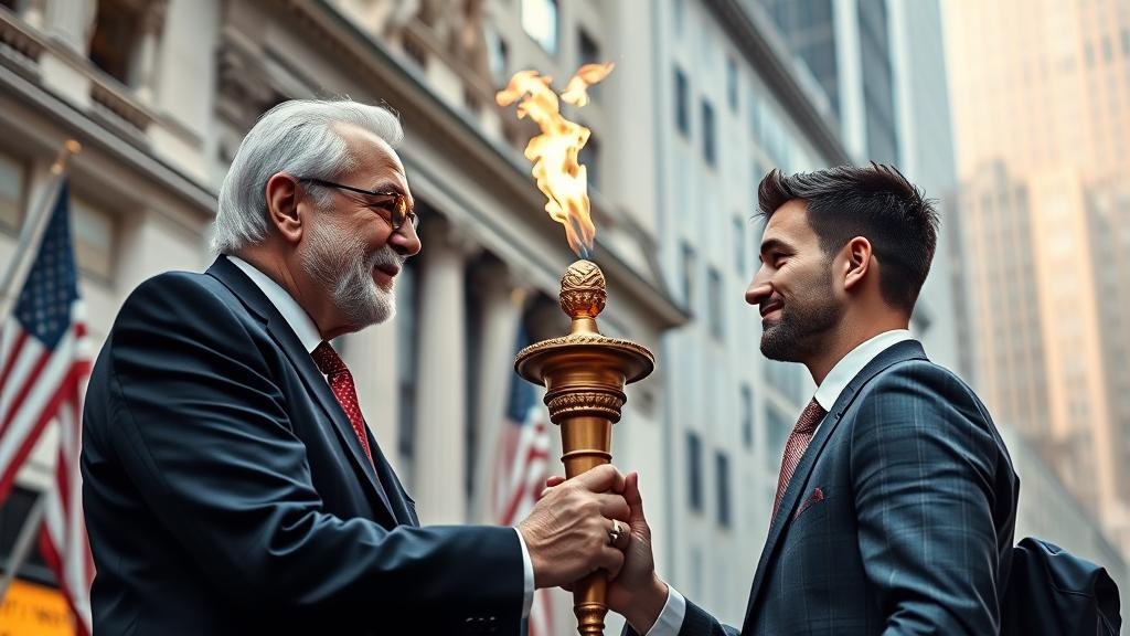 A metaphorical image depicting the passing of a torch from an older, wise-looking man to a younger, determined businessman, set against a backdrop of the New York Stock Exchange.
