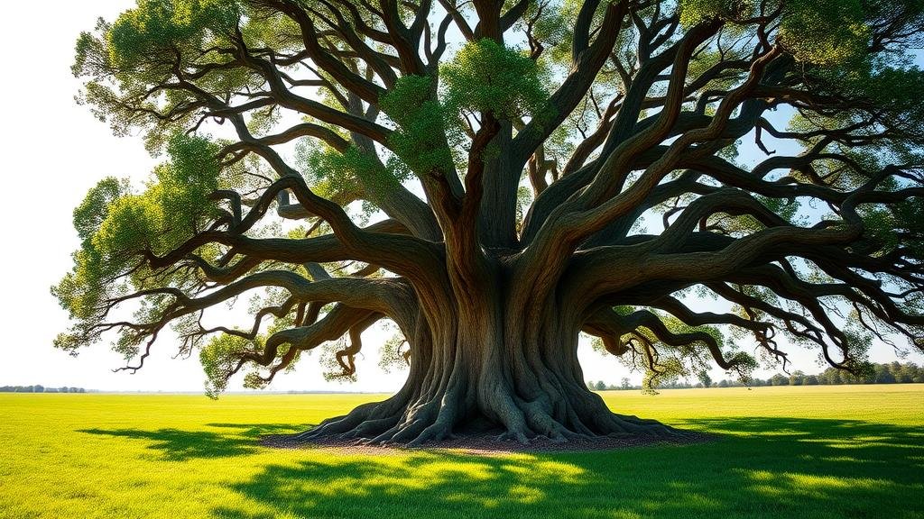 A serene and reassuring image of a massive, ancient oak tree with deep, strong roots, standing firm in a green field under a clear, sunny sky, symbolizing the stability and long-term future of the company for investors.