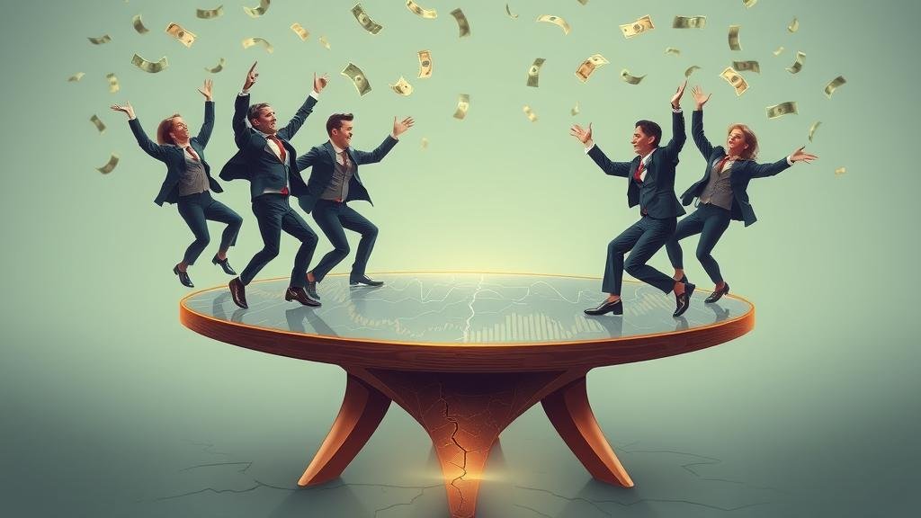 A metaphorical and slightly surreal illustration of an asset bubble: people in business suits are dancing euphorically on a wobbly table made of glowing stock charts. Money is flying in the air, but cracks are starting to show on the table's legs, symbolizing the impending crash.