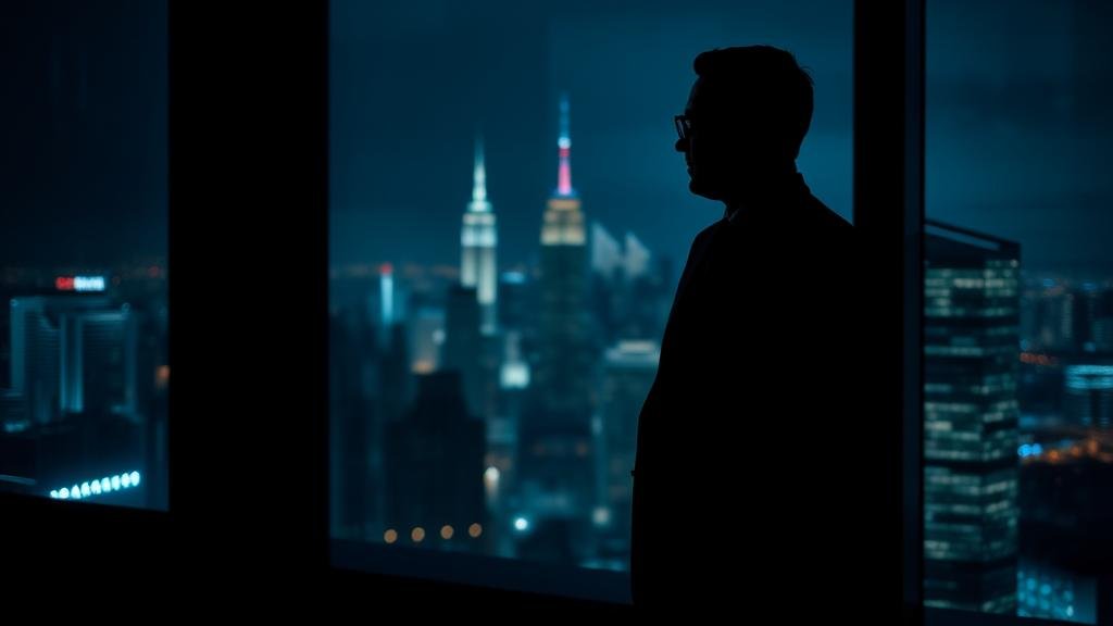 A dramatic, high-contrast image of a lone, sharply dressed trader in a modern, dark office, looking out at a city skyline at night. The trader appears confident and successful, but there's a sense of impending conflict. The lighting is cinematic, casting long shadows. The focus is on the individual's power and isolation.