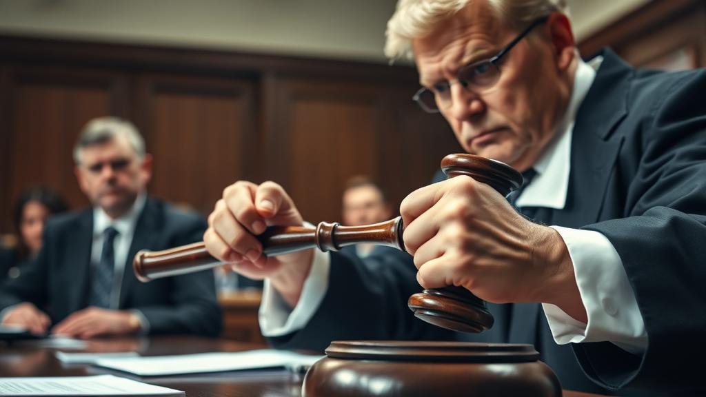 A powerful courtroom scene. A judge, with a stern but fair expression, is shown striking a gavel. The focus is on the gavel and the judge's decisive action. In the blurred background, Gagliardi is seen with a look of vindication, while the opposing lawyers look defeated. The image should convey a sense of justice and a landmark decision.