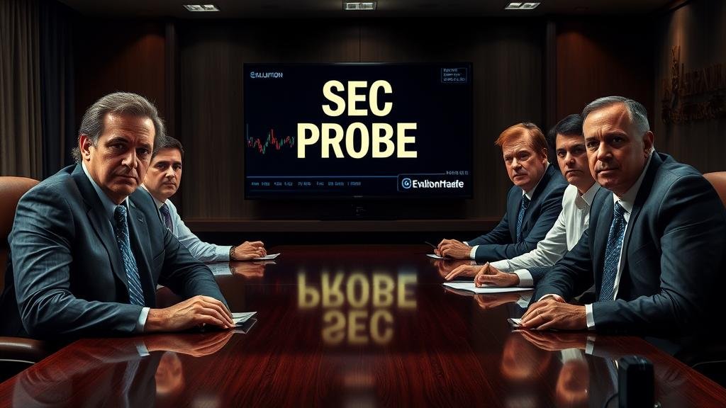 A tense boardroom scene. On one side, the lone trader, Robert Gagliardi, looking resolute. On the other side, a group of executives from Evolution Capital Management, their faces showing a mix of arrogance and defensiveness. In the background, a screen displays falling stock charts and the words 'SEC PROBE,' adding to the tension. The atmosphere is heavy with betrayal and conflict.