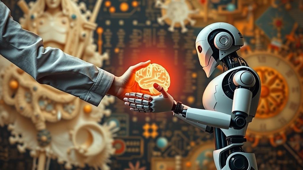 A digital artist using a tablet to generate a stunning landscape image by typing a text description. In the background, there are snippets of code and video film reels, representing the diverse multimedia capabilities of AI.