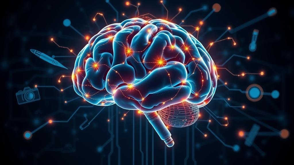 A futuristic image of a brain with glowing neural networks, symbolizing intelligence, connected to various creative tools like a pen, a camera, and a paintbrush, representing AI's impact across creative industries.