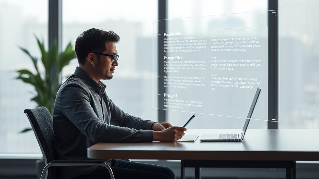A writer sitting at a desk with a holographic AI assistant floating beside them, suggesting headline ideas and paragraph structures on a futuristic interface, visualizing the collaborative brainstorming process.