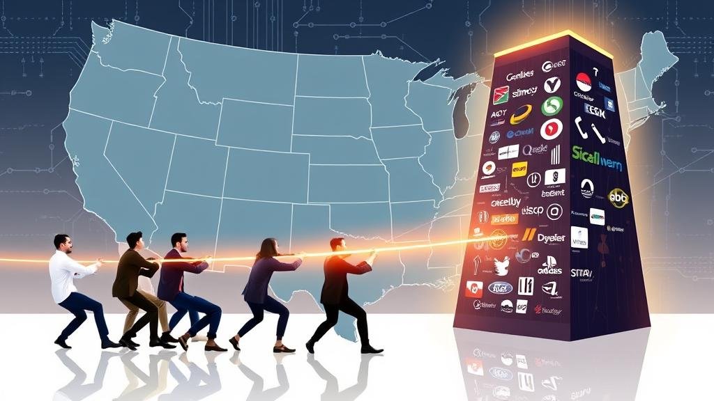 A digital-themed tug-of-war between individual states and Big Tech over data privacy laws, set against a map of the United States.