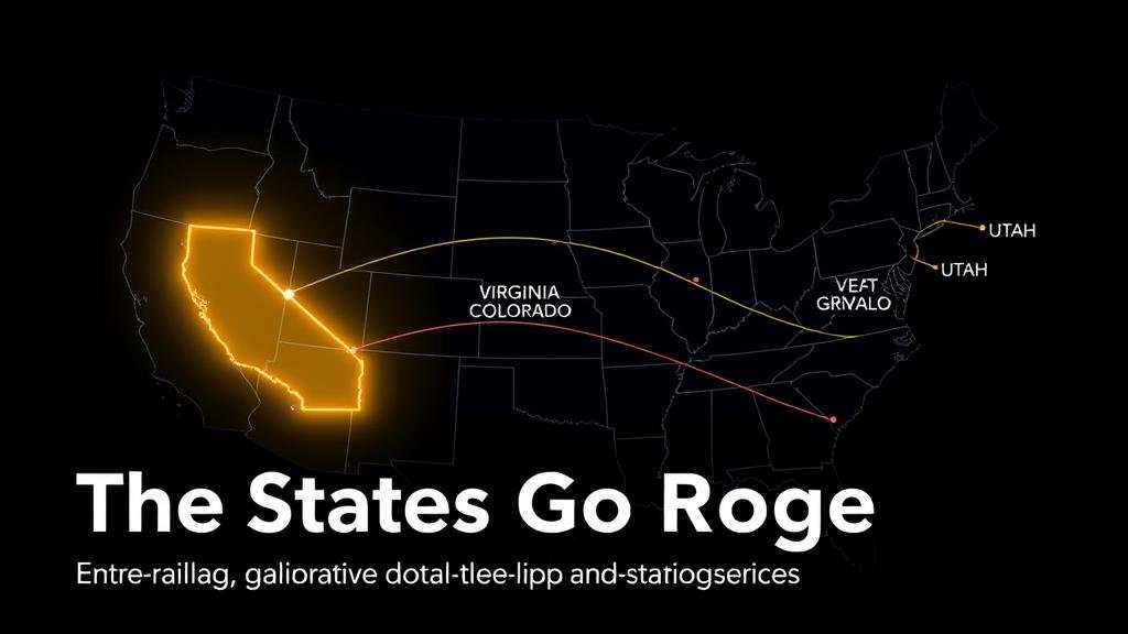 A stylized map of the US at night, with California brightly lit, showing data privacy laws spreading to other glowing states like Virginia, Colorado, and Utah.