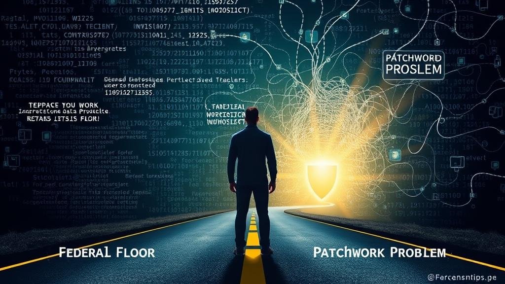A person at a fork in the road under a digital sky. One path, 'Federal Floor,' leads to a secure foundation. The other, 'Patchwork Problem,' leads to a chaotic maze of tangled wires.