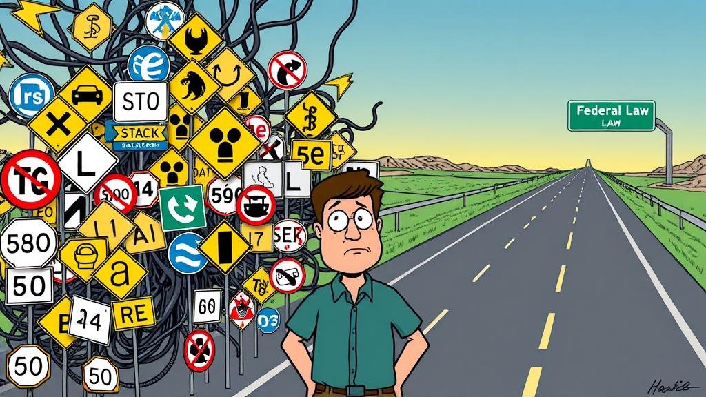 An overwhelmed small business owner looking at a tangled web of 50 different road signs representing conflicting state privacy laws, contrasted with a clear highway labeled 'Federal Law'.