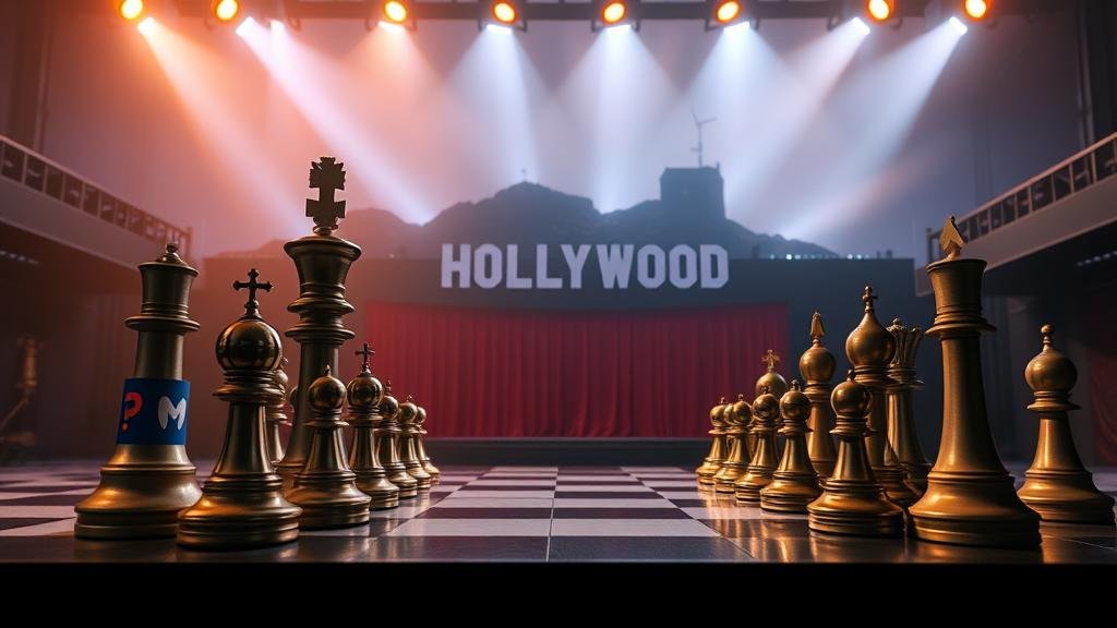 A massive tech conglomerate, depicted as a giant shark, launching a surprise attack on a large streaming ship, symbolizing a hostile takeover in the corporate world.