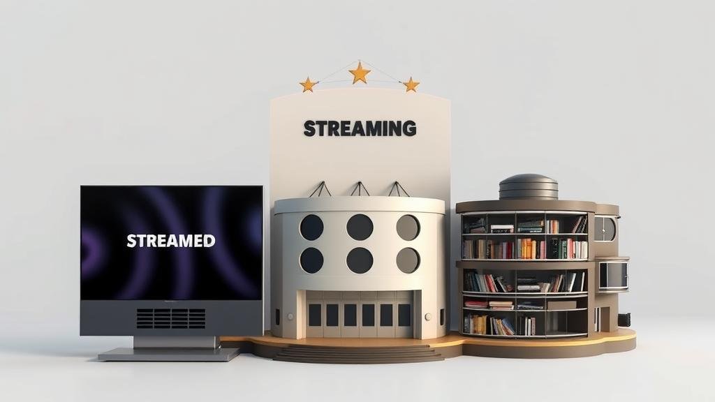 A sleek, modern streaming service physically absorbing a classic, old-Hollywood-style film studio, illustrating the acquisition of a legendary content library.
