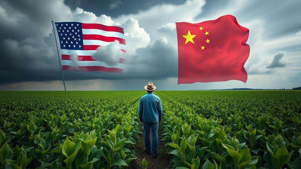 A dramatic image of a lone farmer in a vast soybean field under a stormy sky with clouds shaped like clashing US and Chinese flags, representing the trade war.