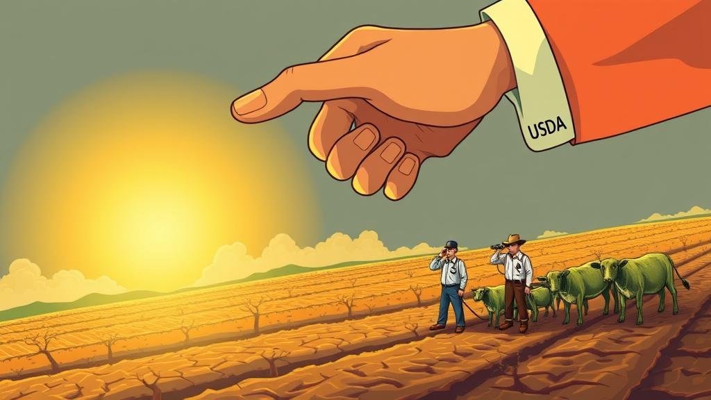 An illustration of a large hand with a USDA cufflink extending a glowing financial lifeline to worried farmers in cracked, dry fields.