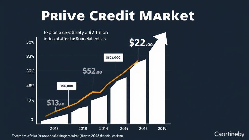 A visual representation of the private credit market's explosive growth, with charts showing a steep upward trend, symbolizing its rise to a $2 trillion industry after the 2008 financial crisis.