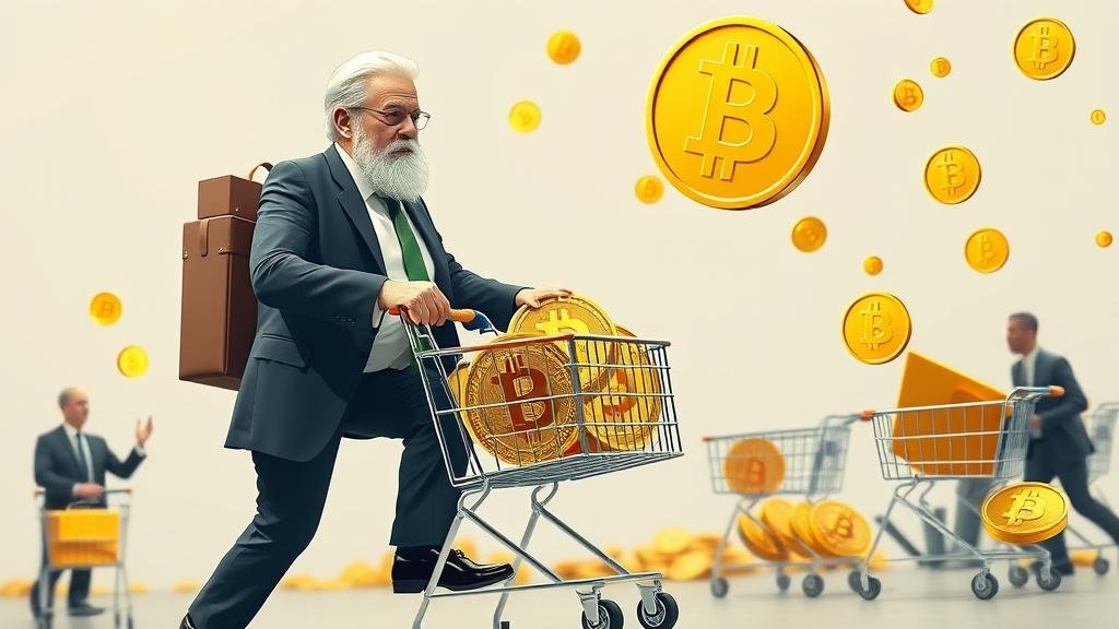 A CEO on a debt-fueled shopping spree for digital gold, symbolizing the massive borrowing to purchase more Bitcoin. In the background, smaller figures representing other companies like Tesla and Block are tentatively placing Bitcoin into their own shopping carts.