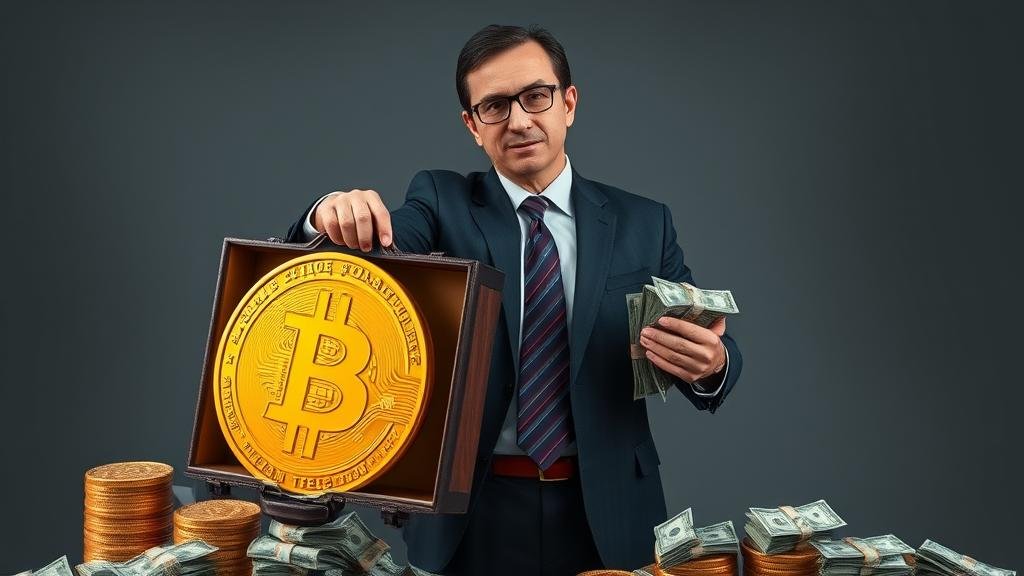 A confident CEO in a business suit swapping a briefcase full of cash for a giant, glowing Bitcoin, representing the company's radical shift in crypto corporate finance.
