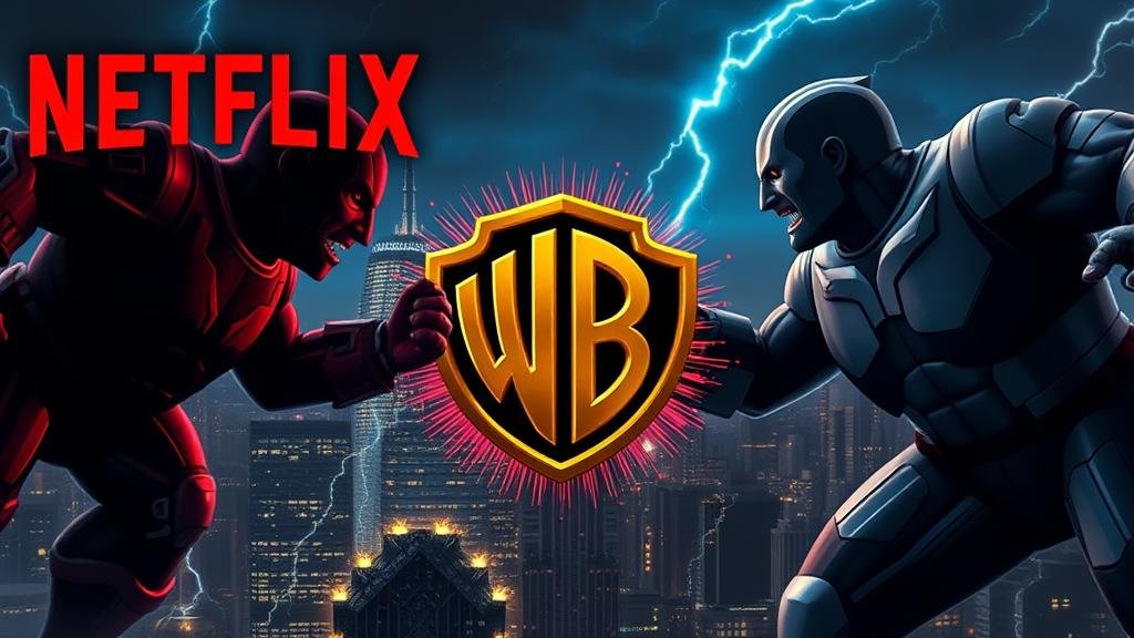 A dramatic showdown between two media titans, Netflix and Paramount, depicted as two giant figures battling over a stylized Warner Bros. Discovery logo. The background is a tense, electrifying cityscape at night, symbolizing the high-stakes nature of the acquisition.