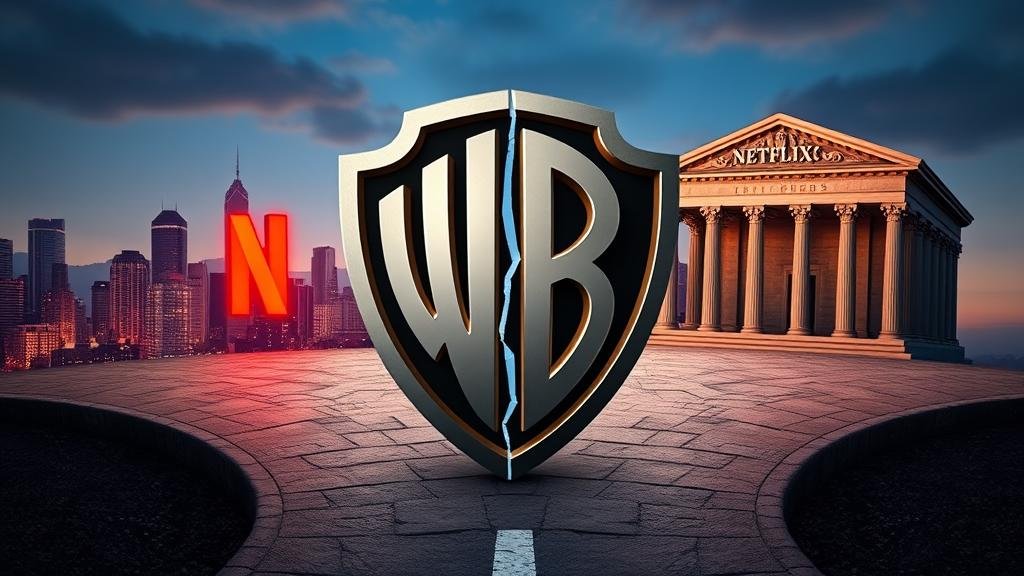 The Warner Bros. logo at a crossroads, symbolizing the choice between Netflix and a private equity offer.