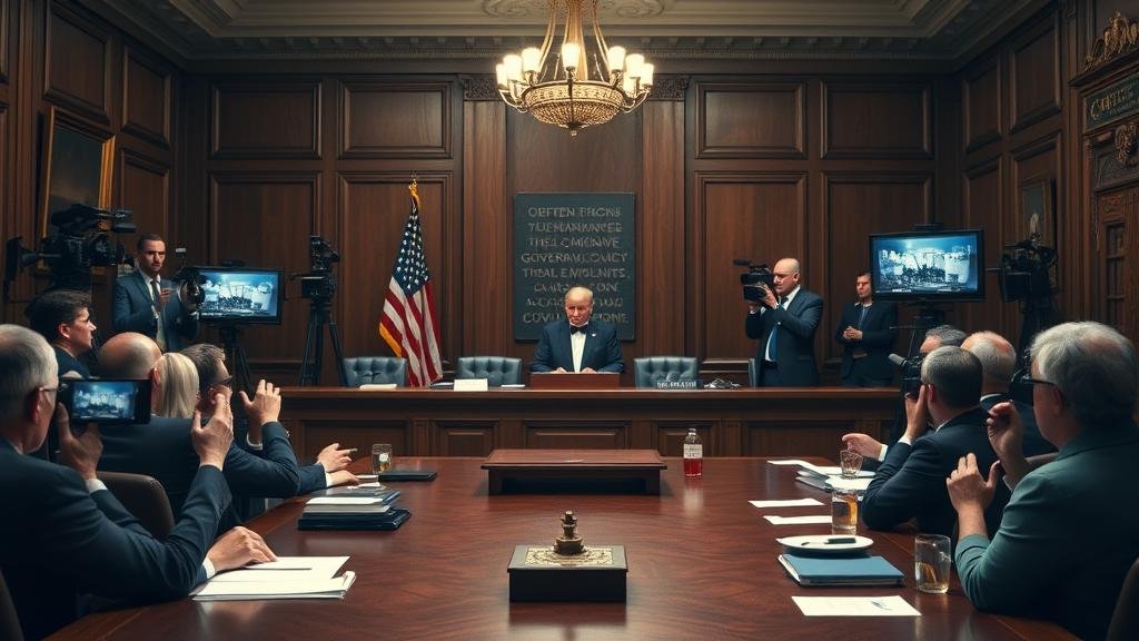 A tense courtroom drama scene where a massive media merger deal is being scrutinized by a government committee (CFIUS), with news cameras and legal teams adding to the tension.