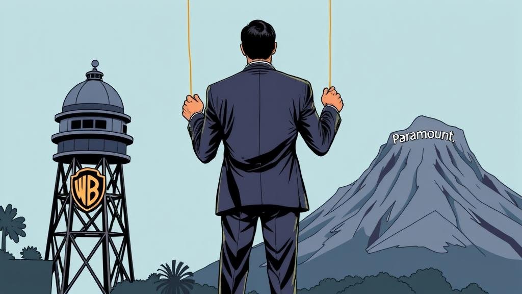 A dramatic movie poster with the title HOSTILE TAKEOVER, showing the Paramount and Warner Bros. logos colliding.