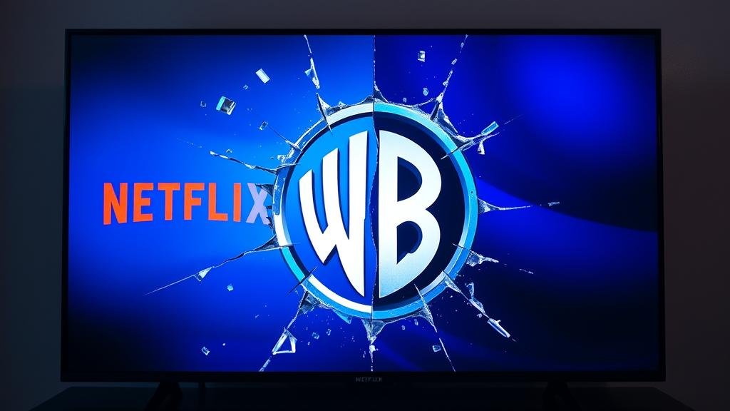 A cracking TV screen showing a streaming interface, with a new combined Paramount/Warner logo emerging from the cracks.