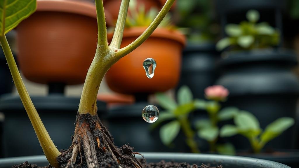 A close-up shot of a single water droplet nourishing a plant's roots, with a background of vertically stacked planters, emphasizing water efficiency.