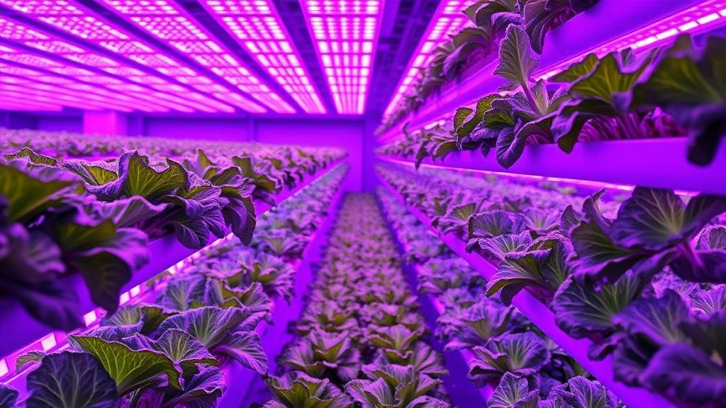 A futuristic indoor farm with glowing purple LED lights illuminating stacks of vibrant green lettuce, showcasing the technology of vertical farming.