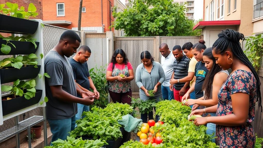 A diverse group of people in an urban community garden, harvesting fresh vegetables from a vertical farming unit integrated into their neighborhood, representing community access to fresh food.