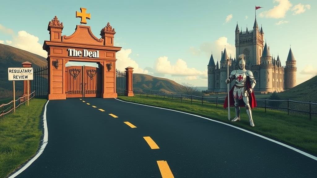 A dramatic movie poster depicting a high-stakes corporate battle. On one side, the Paramount mountain logo, and on the other, the Warner Bros. shield, with lightning crackling between them. In the background, a collage of iconic movie characters from both studios look on with dramatic expressions. The headline reads: THE HOLLYWOOD TAKEOVER.