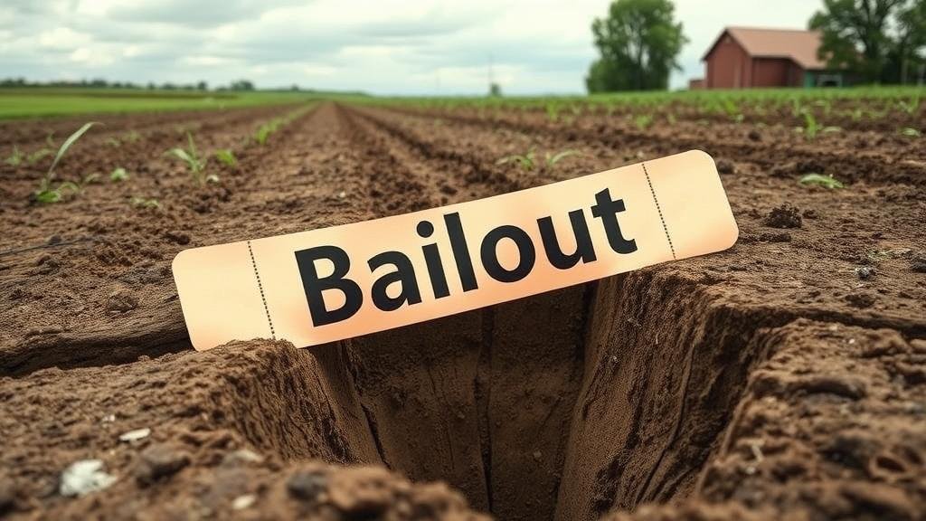 A hopeful image showing a government building with a hand extending out to sprinkle money onto a dry and cracked farm field, bringing parts of it back to life, symbolizing the farm bailout.