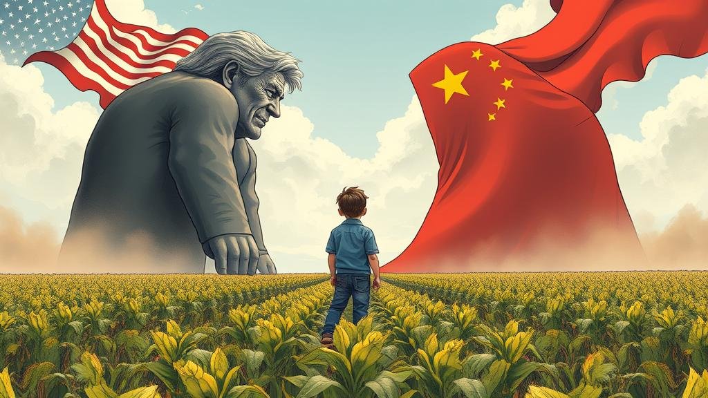 A dramatic illustration of the US-China trade war, depicted as two giants representing the nations turning their backs on each other, while in the foreground, a small American farmer looks on with concern at a wilting soybean field.