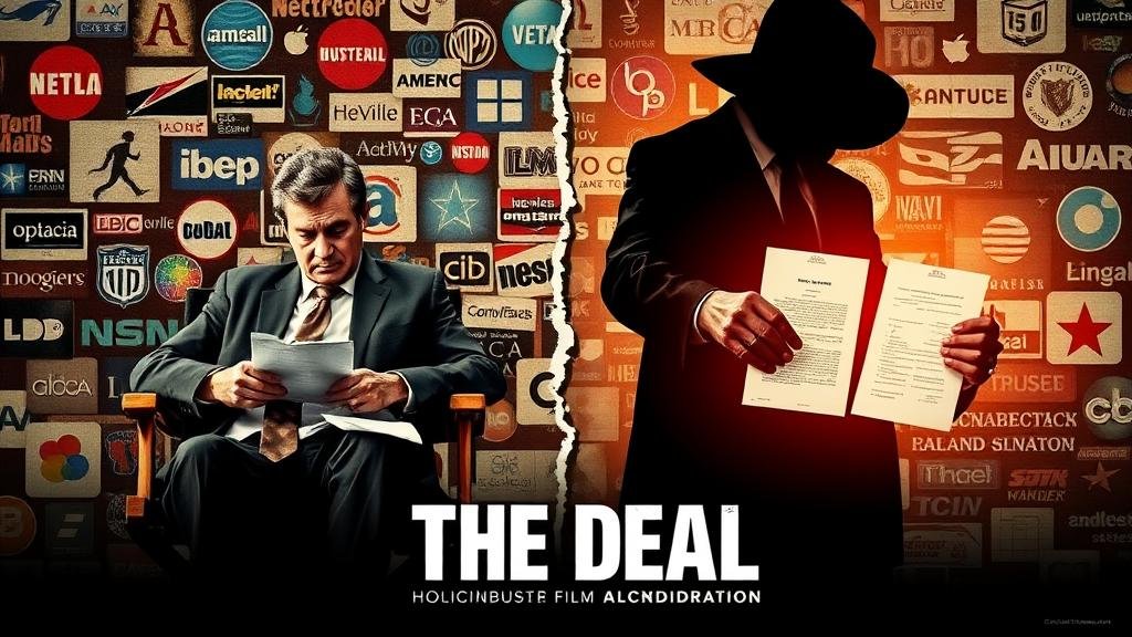 A dramatic movie poster for a blockbuster film titled 'The Deal,' showing a dejected Hollywood executive and a successful cousin offering a new contract, representing the complex Paramount deal.