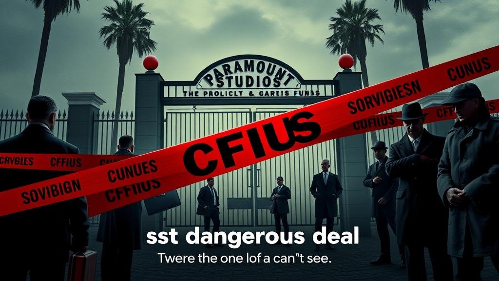 A political thriller movie poster with the Paramount Studios gate entangled in red tape labeled 'CFIUS,' symbolizing geopolitical and regulatory hurdles in the merger.