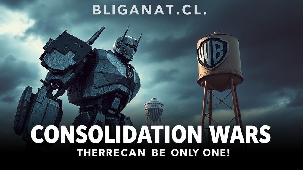 An action movie poster titled 'Consolidation Wars,' featuring a giant robot made of Paramount and Skydance logos targeting the Warner Bros. water tower, symbolizing a hostile takeover.