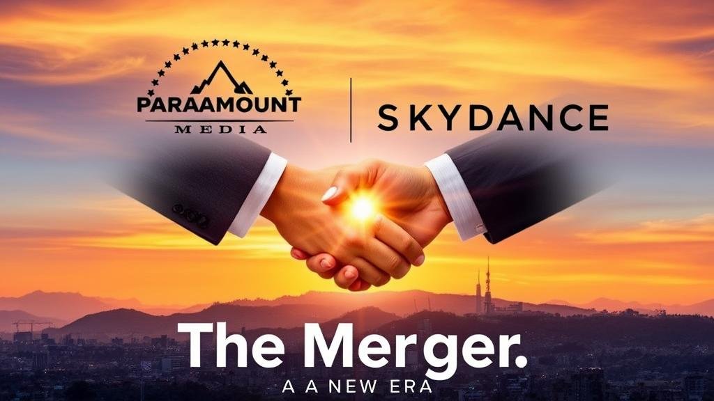 A celebratory movie poster titled 'The Merger: A New Era,' showing Paramount and Skydance logos merging and hands shaking, symbolizing the successful deal.
