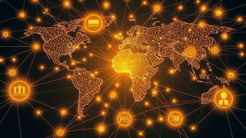 An intricate web of glowing lines connecting private credit funds to global financial institutions like pension funds and insurers, illustrating the deep interconnections and the potential for a domino effect, highlighting systemic risk.