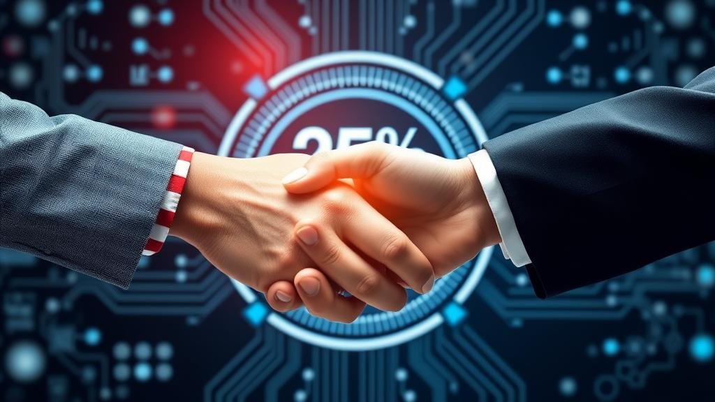 us-china-handshake-tax.jpg A high-tech handshake between a US and Chinese businessperson, with a silicon wafer in the background marked by a 25% tax symbol. This represents the policy reversal allowing chip exports with a new tax.