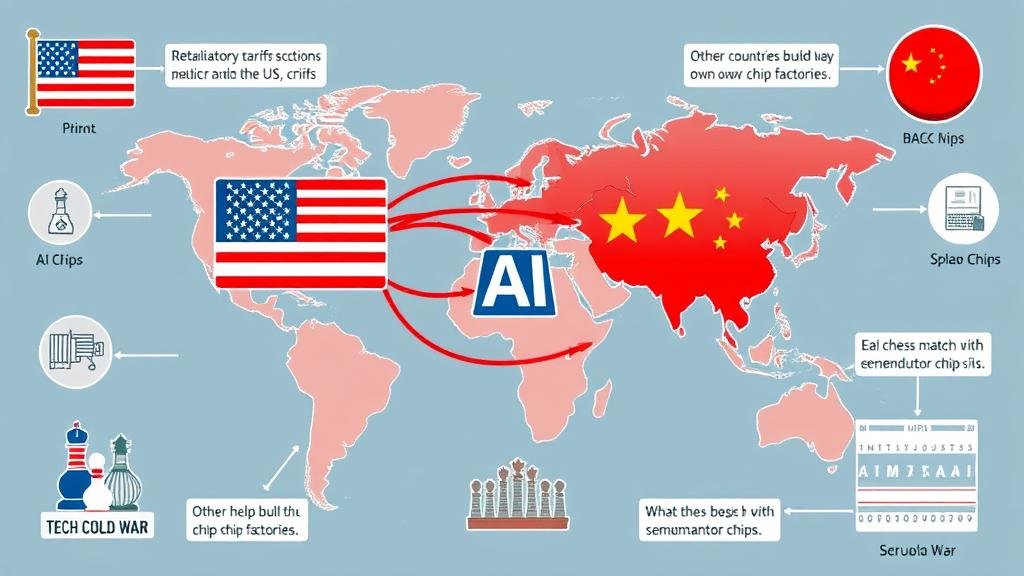 industry-international-reactions.jpg A world map centered on the US and China, with arrows indicating the flow of AI chips. Surrounding the map are icons representing potential international reactions: retaliatory tariffs, other countries building their own chip factories, and a 'Tech Cold War' chess match being played with semiconductor chips.