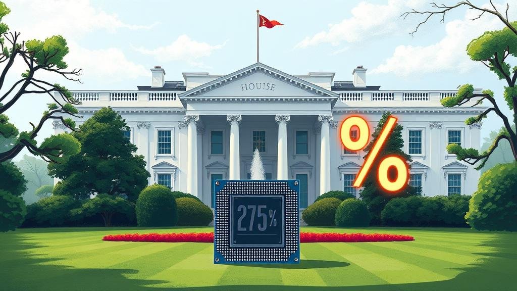 white-house-pay-to-play.jpg An illustration of the White House with a large, glowing '25%' sign on its lawn, symbolizing the new 'Pay-to-Play' policy. In front, a powerful AI chip is being presented, highlighting the conflict between the administration and Congress on this trade issue.