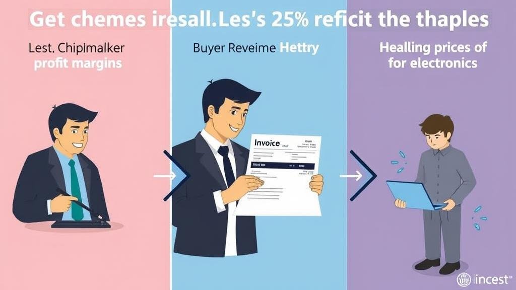 revenue-tax-ripple-effects.jpg A three-panel graphic illustrating the economic ripple effects of the 25% revenue tax. The first panel shows a chipmaker looking at declining profit margins. The second shows a buyer receiving an invoice with a hefty tax. The third shows a consumer facing higher prices for electronics.