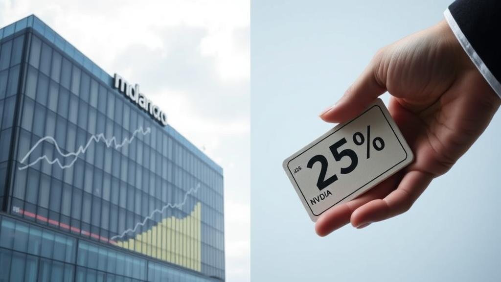 A split-screen image. On one side, a semiconductor giant's headquarters with charts showing rising sales. On the other side, a hand is taking a significant portion (25%) of the money, representing the financial impact on companies like Nvidia.