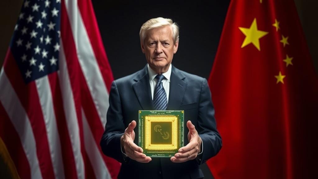 A dramatic image of a US politician, symbolizing a major policy shift, standing between a US flag and a Chinese flag, holding a glowing semiconductor chip.