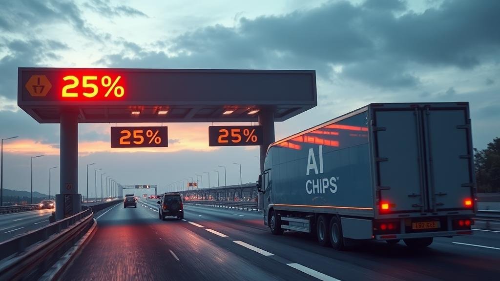 An image of a tollbooth on a futuristic highway, with a glowing '25%' sign. A truck with 'AI CHIPS' written on the side is passing through, representing the 'tech tollbooth' concept.