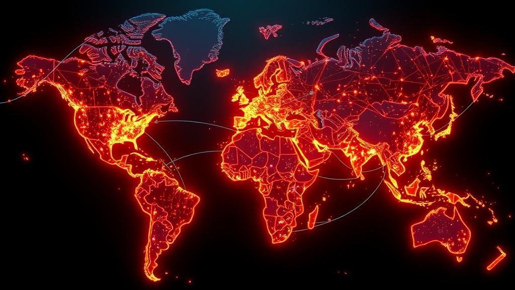 An image of a map of the world with glowing, fragmented digital pathways, symbolizing a chaotic and divided global tech supply chain. One pathway from the US to China is highlighted with a 'toll' icon.