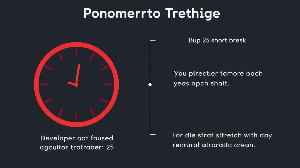 An illustration of the Pomodoro Technique in action, with a timer counting down 25 minutes of focused work, followed by a short break for a developer to stretch and recharge away from the screen.