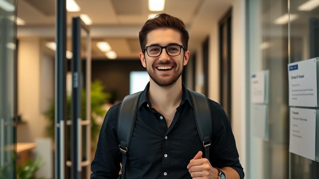 A happy and refreshed developer leaving the office with a sense of accomplishment and work-life balance, showcasing the positive results of mindful programming.