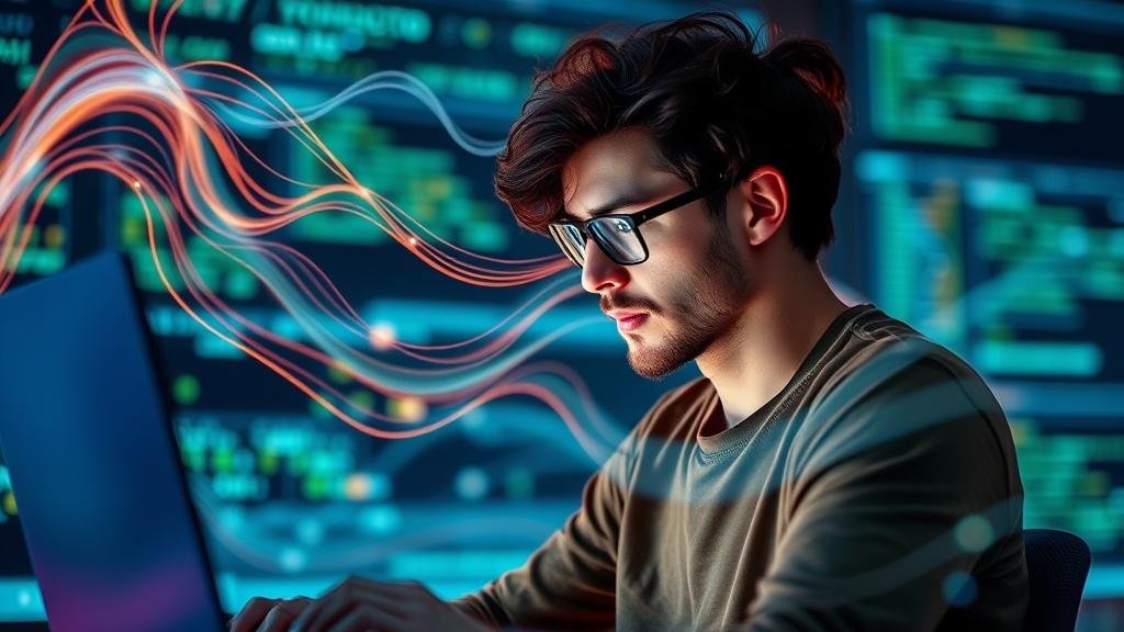 A developer in a state of 'flow,' fully absorbed and focused on their work, symbolizing the concentration that mindful programming can bring.