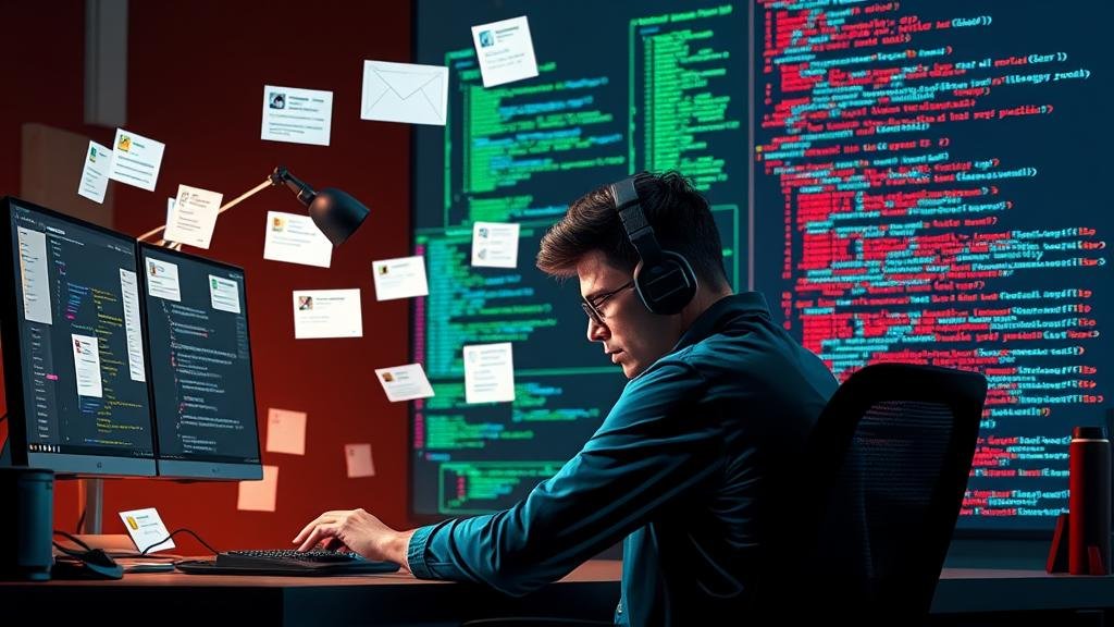 A software developer at their desk, looking stressed and overwhelmed by notifications and complex code, representing the burnout that is common in the tech industry.