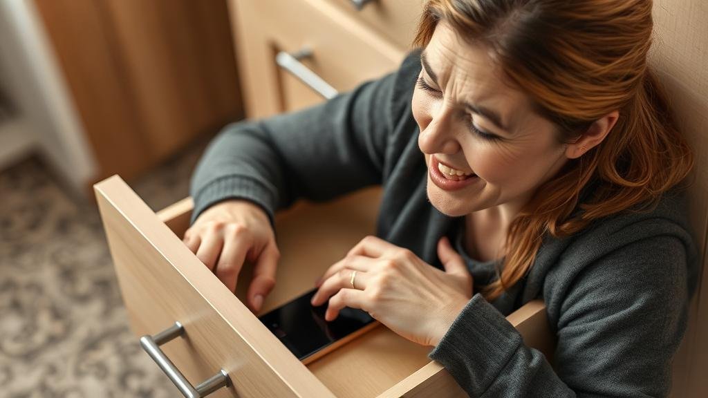 A person putting their phone away in a drawer, with a look of relief on their face.