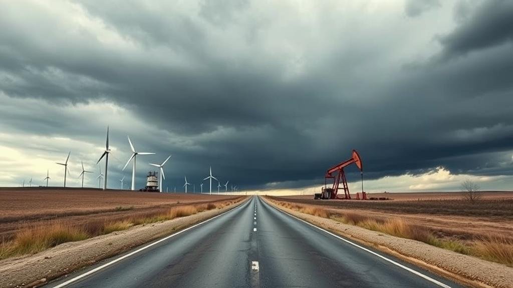 A large, red 'PAUSE' button hovering over a vast landscape of federal land with an oil derrick in the distance, symbolizing the halt on new oil and gas leases.